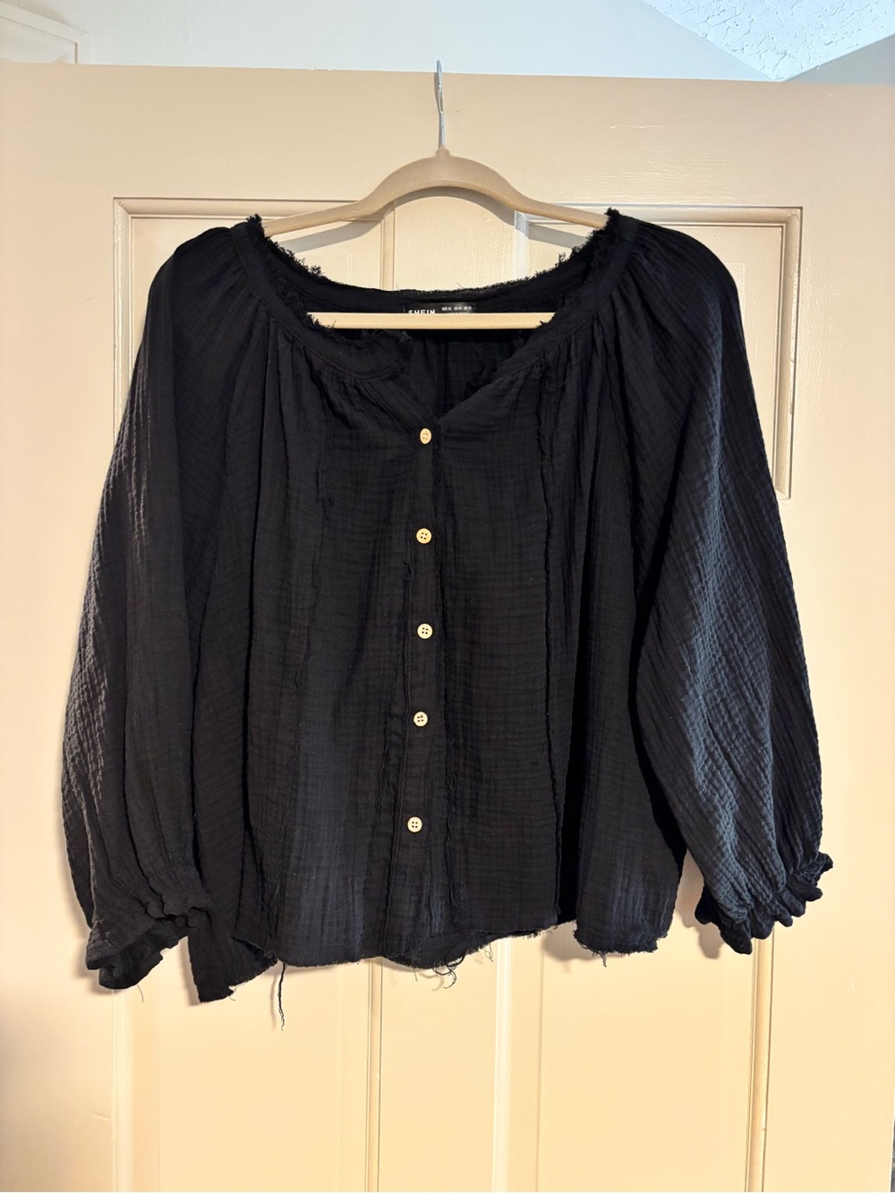 SHEIN 100% Cotton Black Button-Front Peasant Blouse